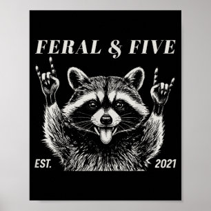 Poster Féral et cinq ratons laveurs drôle 5e anniversaire