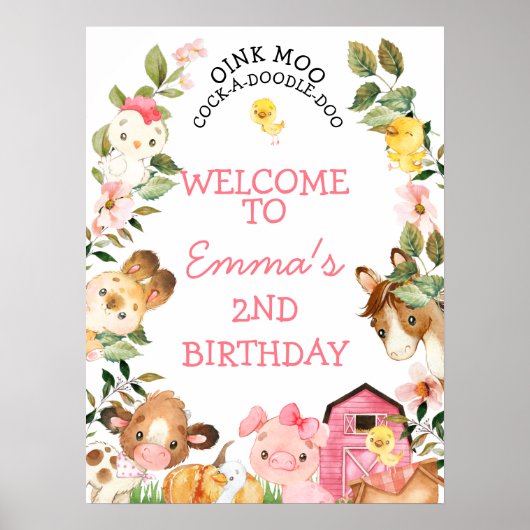 Poster Ferme Animaux Grange Rose Accueil Anniversaire (Devant)