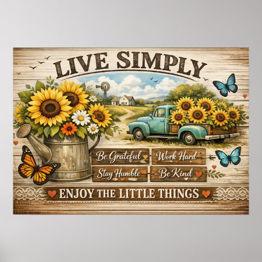 Poster Ferme Fleurie Tournesol Vivre Simplement Citation (Devant)