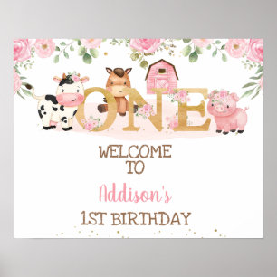 Poster Ferme florale rose 1er anniversaire Bienvenue