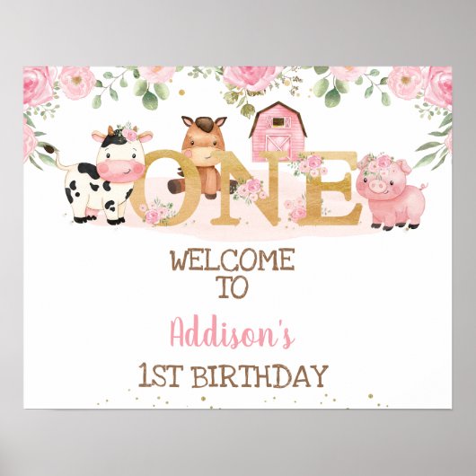 Poster Ferme florale rose 1er anniversaire Bienvenue (Devant)
