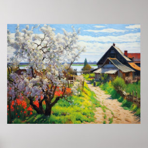 Poster Ferme idyllique de printemps Cerisiers en fleurs s
