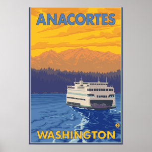 Poster Ferry et montagnes - Anacortes, Washington