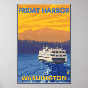 Poster Ferry et montagnes - port de vendredi, Washington