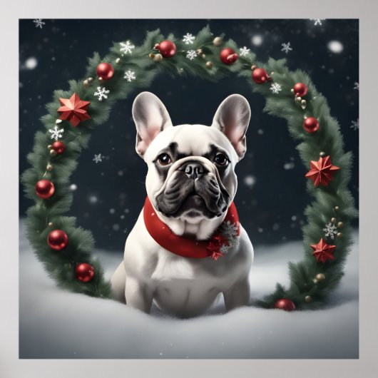 Poster Festif de Noël français Bulldog avec couronne (Devant)