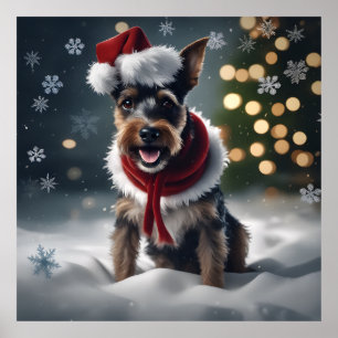 Poster Festif de Noël mignon Terrier Chien avec chapeau d