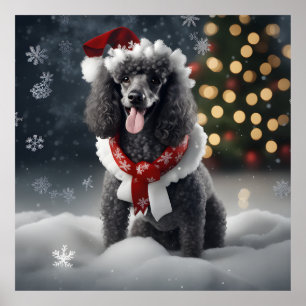 Poster Festif Poodle Noir Noël Chien De Vacances En Neige