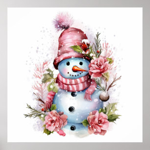 Poster Festive femme de neige rose de Noël