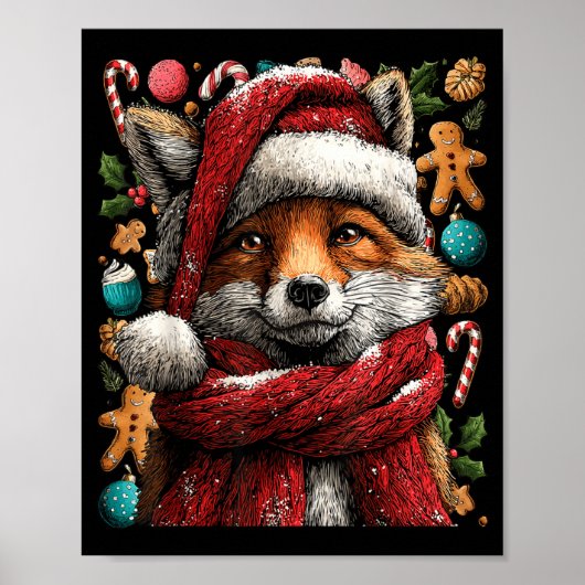 Poster Festive Fox With Snow Santa Hat Winter Christmas A (Devant)