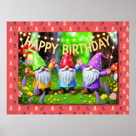 Poster Festive Garden Gnomes Birthday Celebration (Devant)