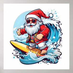 Poster Festive Santa Claus surfant Vagues de Noël