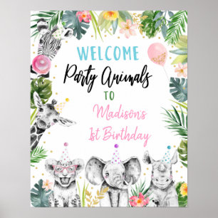 Poster Fête Animal rose or Tropical Anniversaire Bienvenu