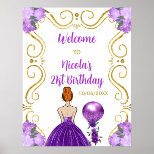 Poster Fête Anniversaire Red Hair Princess Purple Bienven