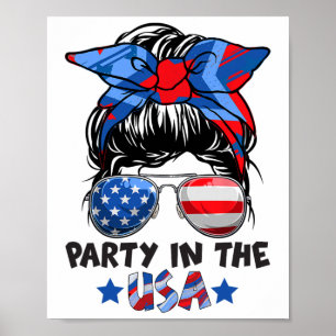 Poster Fête Aux États-Unis Messy Bun Cheveux Drapeau Amér