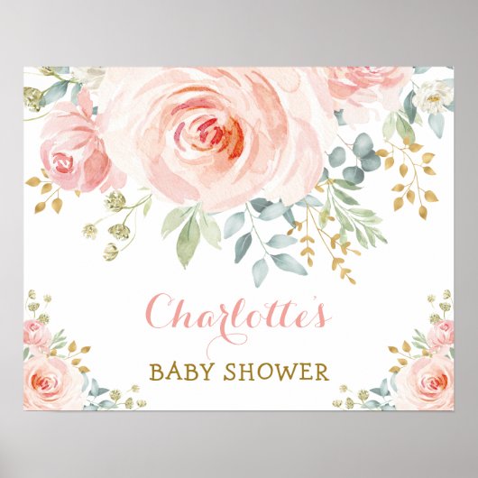Poster Fête Baby Shower Roses Aquarelle Rose Tendre (Devant)
