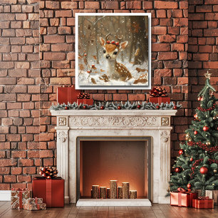 Poster Fête Baies Rouges Forêt de Neige Chute Feuilles