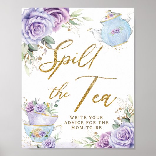 Poster Fête bébé thème thé floral violet Spill The Tea (Devant)