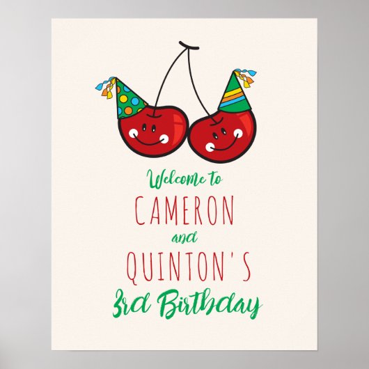 Poster Fête Cheeky Cherries Enfants Twins Anniversaire Bi (Devant)