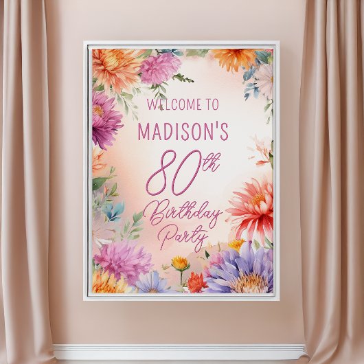 Poster Fête d'anniversaire 80 ans Boho Aster Fleurs Flora