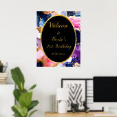 Poster Fête d'anniversaire à l'encre rose, bleu marine et (Bureau à domicile)