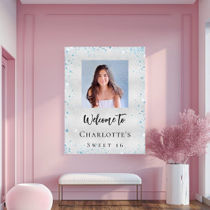 Poster fête d'anniversaire argent bleu parties scintillan