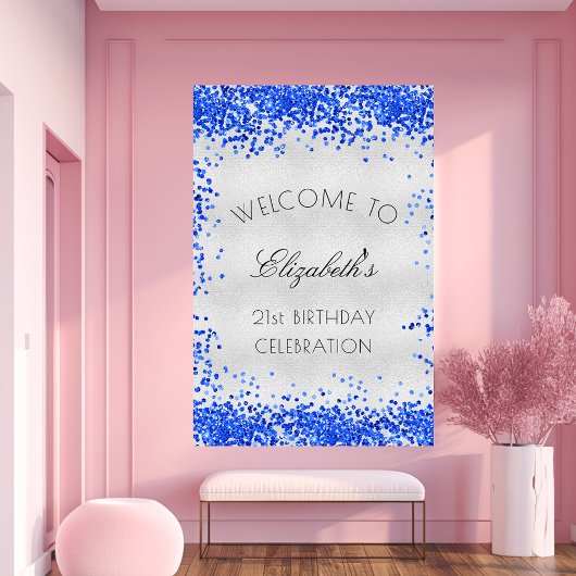 Poster fête d'anniversaire argent bleu royal confetti bie