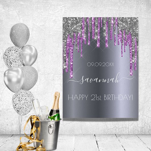 Poster Fête d'anniversaire argent parties scintillant vio