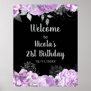 Poster Fête d'anniversaire aux fleurs de lilas et argent