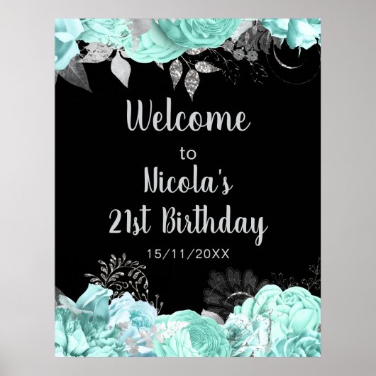 Poster Fête d'anniversaire aux fleurs vertes et argentées (Devant)