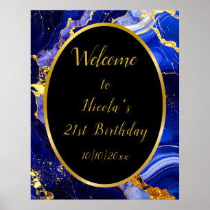 Poster Fête d'anniversaire avec agate marbrée bleu royal