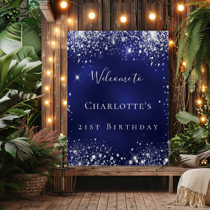 Poster Fête d'anniversaire bleu argent parties scintillan