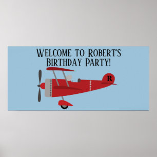 Poster Fête d'anniversaire bleue d'avion rouge personnali