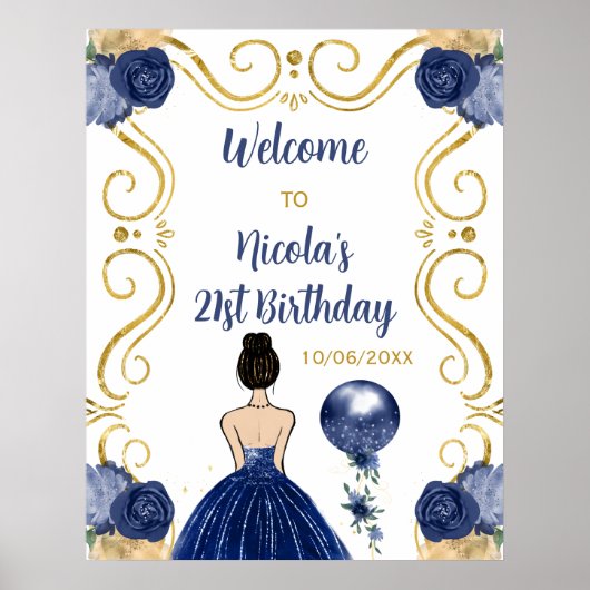 Poster Fête d'anniversaire Brown cheveux Princess Navy Bi (Devant)