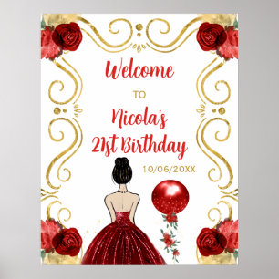 Poster Fête d'anniversaire Cheveux bruns Princesse Rouge