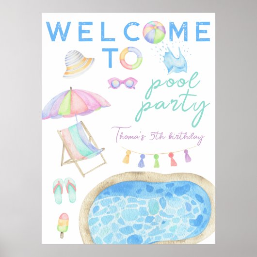 Poster Fête d'anniversaire de la piscine aquarelle (Devant)