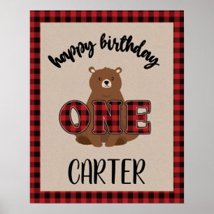 Poster Fête d'anniversaire de l'ours à carreaux Wild ONE