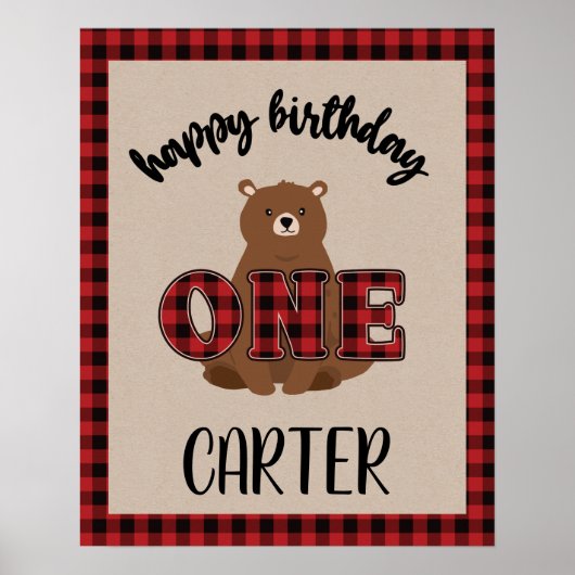 Poster Fête d'anniversaire de l'ours à carreaux Wild ONE (Devant)