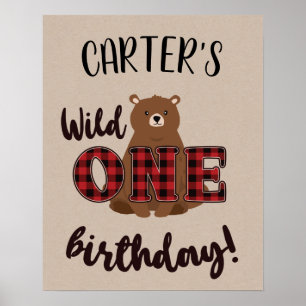 Poster Fête d'anniversaire de l'ours à carreaux Wild ONE