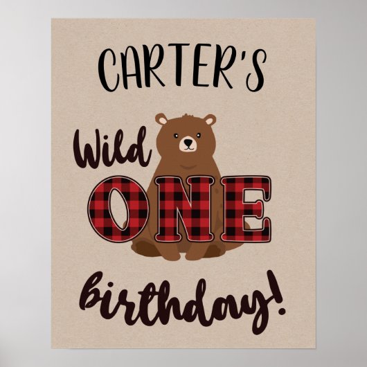 Poster Fête d'anniversaire de l'ours à carreaux Wild ONE (Devant)