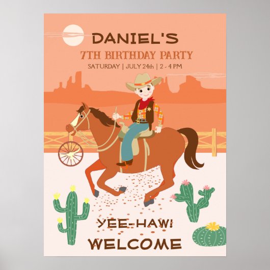 Poster Fête d'anniversaire de petit cow-boy et cheval sym (Devant)