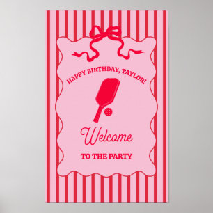 Poster Fête d'anniversaire de Pickleball rayée rouge et r