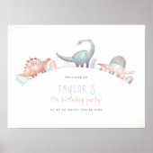 Poster Fête d'anniversaire dinosaure fille Turquoise & Or (Devant)