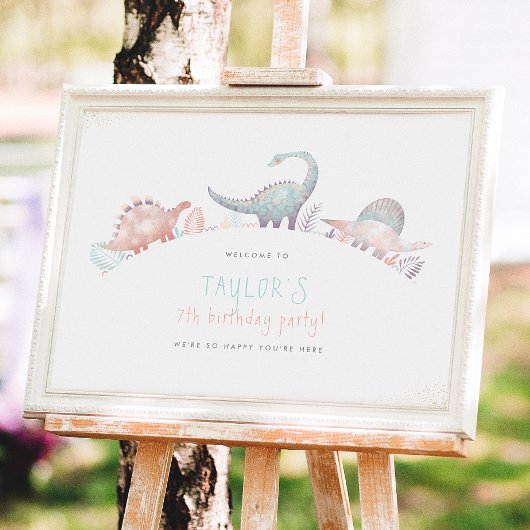Poster Fête d'anniversaire dinosaure fille Turquoise & Or