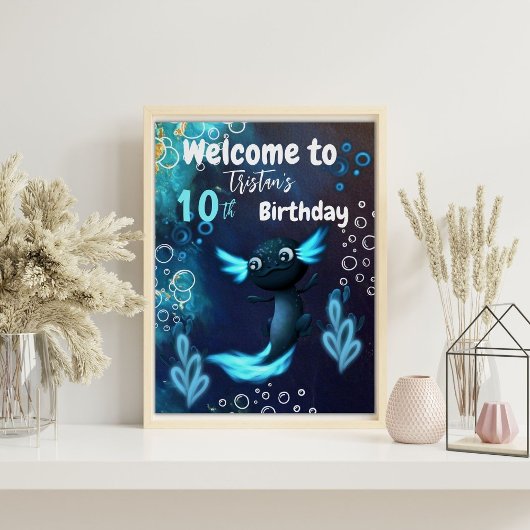 Poster Fête d'anniversaire du néon bleu foncé Axolotl