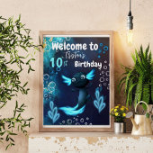 Poster Fête d'anniversaire du néon bleu foncé Axolotl