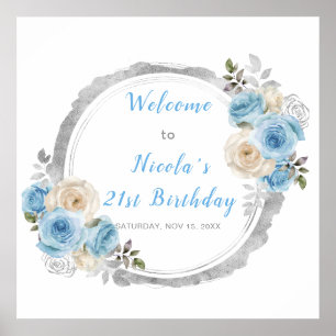 Poster Fête d'anniversaire élégante fleurs bleu poussiére