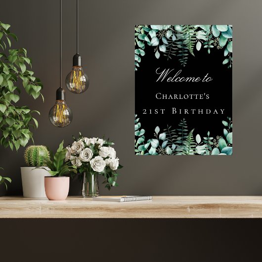 Poster Fête d'anniversaire forêt d'eucalyptus noirs bienv