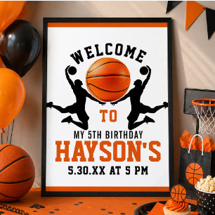Poster Fête d'anniversaire garçon 5 ans basket-ball orang
