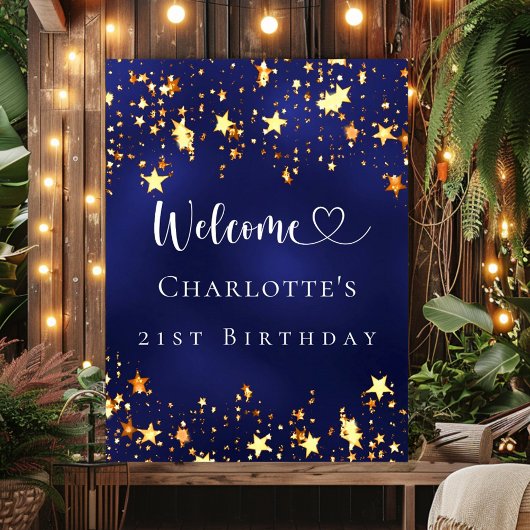 Poster fête d'anniversaire marine bleu or étoiles bienven
