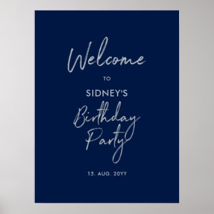 Poster Fête d'anniversaire moderne Bienvenue argent et bl